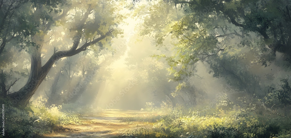 Aufkleber a serene forest scene with light filtering through trees, creating a peaceful and enchanting atmosph