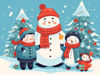 Merry Christmas and Happy New Year! Cute illustrations with characters, a family and a big snowman on a winter holiday.