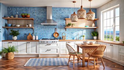 Mediterranean Kitchen with Blue Tiles and Coastal Elements. Perfect for: Coastal homes, Mediterranean-style gatherings, beach cottages