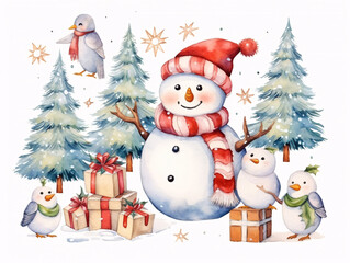 Obraz premium Drawing with cheerful snowmen celebrating Christmas in the forest and having Christmas presents. Merry Christmas and Happy New Year greeting card!