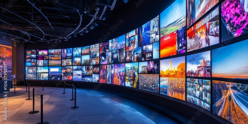 Poster a multimedia streaming wall displays vibrant channel images, creating a mesmerizing backdrop that en