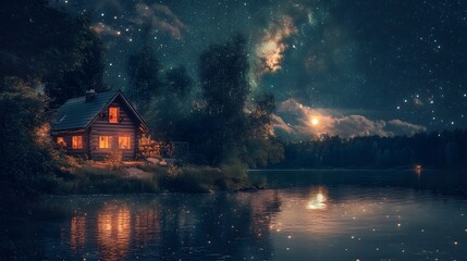 Fototapeta premium A serene night scene of a cozy cabin by a lake under a starry sky, reflecting tranquility and natural beauty.