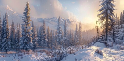 Snowy Mountain Forest at Sunrise