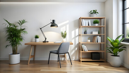 Fototapeta premium Minimalist Study with White Walls and Wooden Bookshelf. Perfect for: Home libraries, study nooks, minimalist interiors