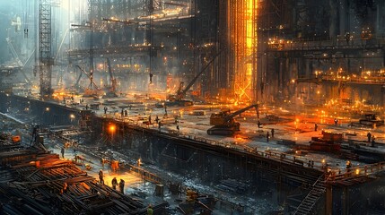 Skilled construction crew precisely bolting together intricate steel beams under striking lighting that highlights the technical industrial process of building infrastructure