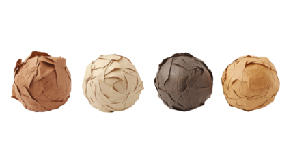 Diverse set of brown crumpled paper balls on black background for design and creativity projects - png set transparent background