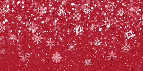 Christmas and New Year Typographical on red Xmas background with winter landscape with snowflakes, light, stars. Merry Christmas card.