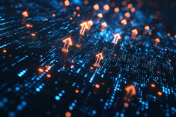 A digital design showcasing blue and orange upward arrows on a dark background, symbolizing growth, progress, or data analysis.