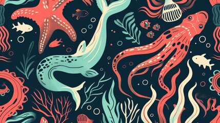 Colorful Oceanic Pattern with Stylized Sea Creatures Including Whales and Octopus