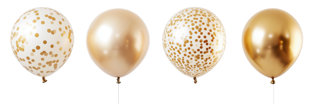 Elegant golden party balloons with festive designs for celebrations and decor - png set transparent background
