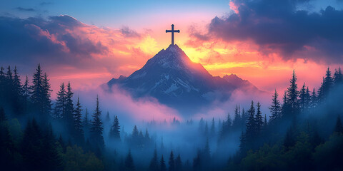 Fototapeta premium A serene mountain landscape at sunset, featuring a cross atop the peak, surrounded by misty forests and vibrant skies.