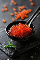 Red caviar on black spoon on black table generated.AI