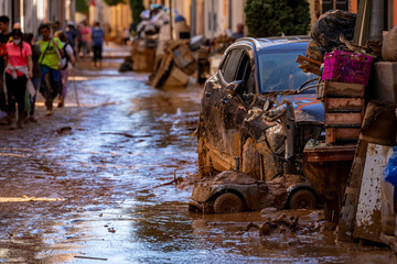 Photo shows the aftermath of the recent flood in Alfafar, Valencia, Spain. Captured are damaged...