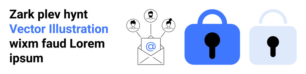 Envelope with user icons and symbol representing email. Blue and grey padlocks symbolizing security. Ideal for email marketing, data protection, cybersecurity tips, privacy policies, secure