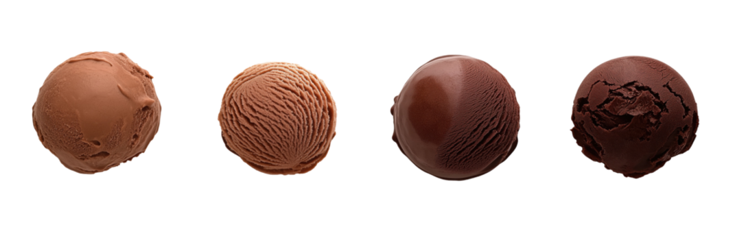 Four delicious chocolate ice cream flavors in front view for dessert inspiration - png set transparent background