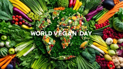 Fototapeta premium World Map Made of Fruits and Vegetables: November 1st - World Vegan Day