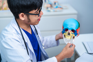 Professional senior doctor diagnose head pain or injury buy using a skull model to explain in...