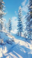 Fototapeta premium Snowy Forest Path winds through a pristine forest, the trees draped in a blanket of fresh snow