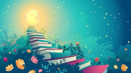 Stairway of Books Leading to Knowledge Under a Starry Sky with Blossoming Flowers