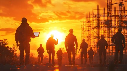 Fototapeta premium Team of Engineers and Construction Workers Gathered Around Digital Tablet Displaying Project Plans Surrounded by Warm Golden Light Illuminating Concrete Structures and Scaffolding in the Background