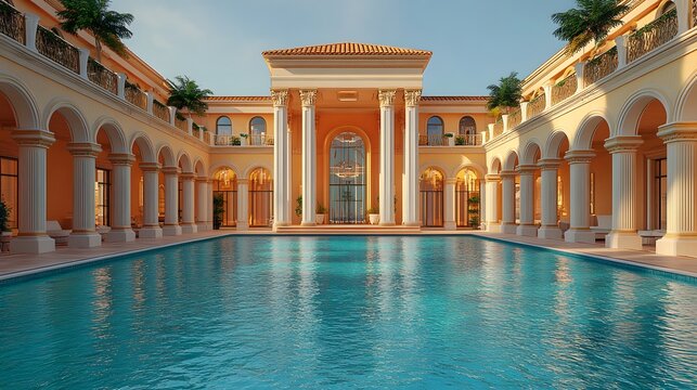 A luxurious, palatial courtyard with a large, pristine pool surrounded by grand columns and arched walkways.