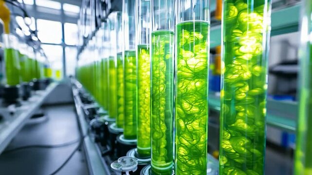 Bright green algae cultures in transparent test tubes during laboratory research on renewable energy sources
