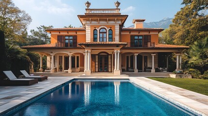Fototapeta premium A luxurious Mediterranean villa with a spacious, turquoise infinity pool set against a backdrop of lush greenery and scenic hills.