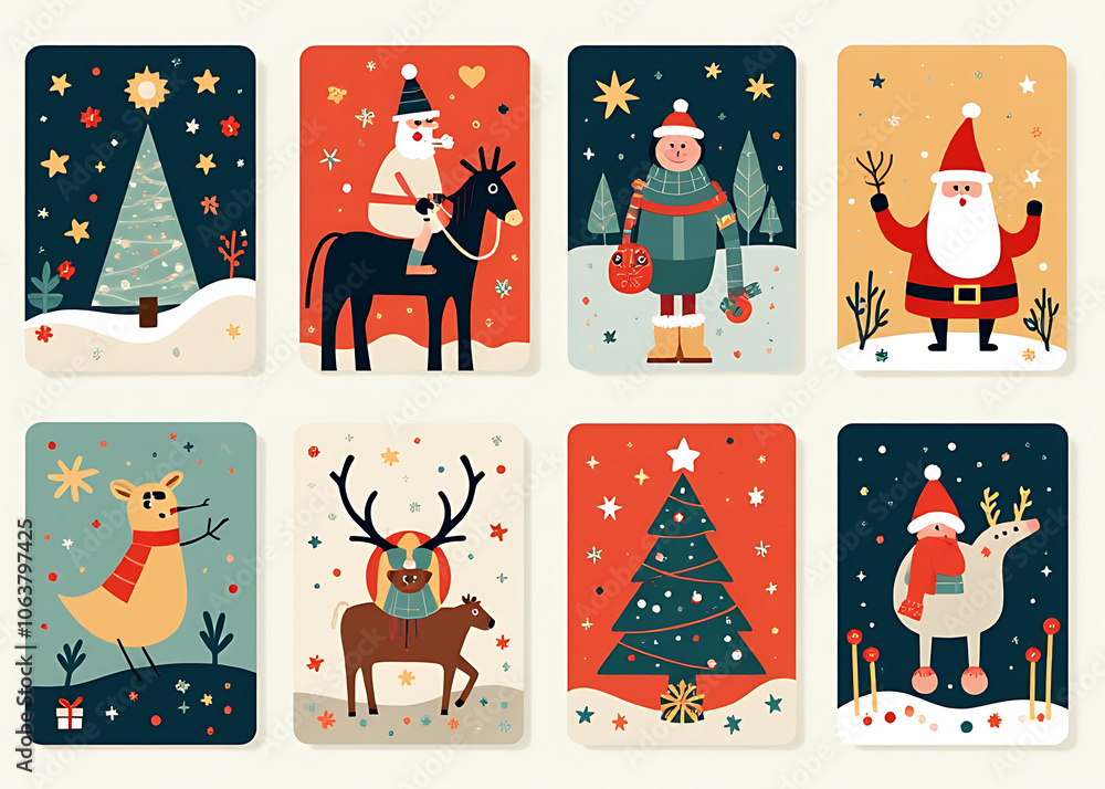 Poster modern christmas cards feature colorful illustrations in flat cartoon style alongside geometric patt