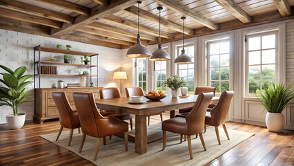 Fototapeta premium Rustic Dining Room with White Table and Wood Beam Ceilings. Perfect for: Rustic-themed gatherings, farmhouse decor, cozy dining