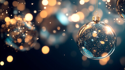 festive new year background banner with christmas tree balls on the background of blurred christmas tree lights