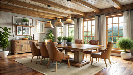 Fototapeta premium Rustic Dining Room with White Table and Wood Beam Ceilings. Perfect for: Rustic-themed gatherings, farmhouse decor, cozy dining