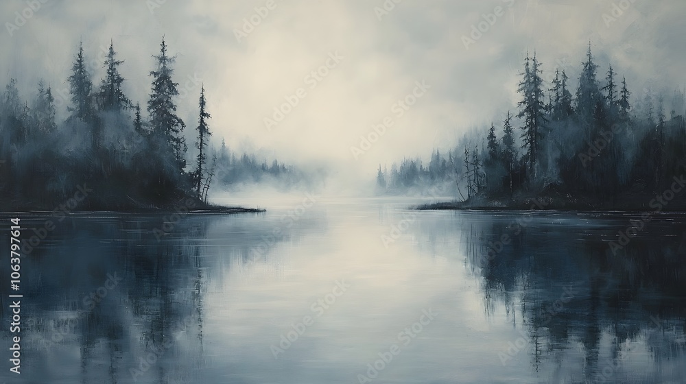 Poster tranquil landscape with a soft fog rolling over a serene lake creating a dreamy effect with water dr