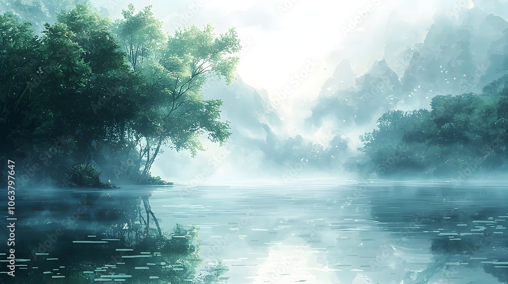 Poster tranquil foggy lake landscape with soft mist rolling over the surface creating a dreamy and peaceful