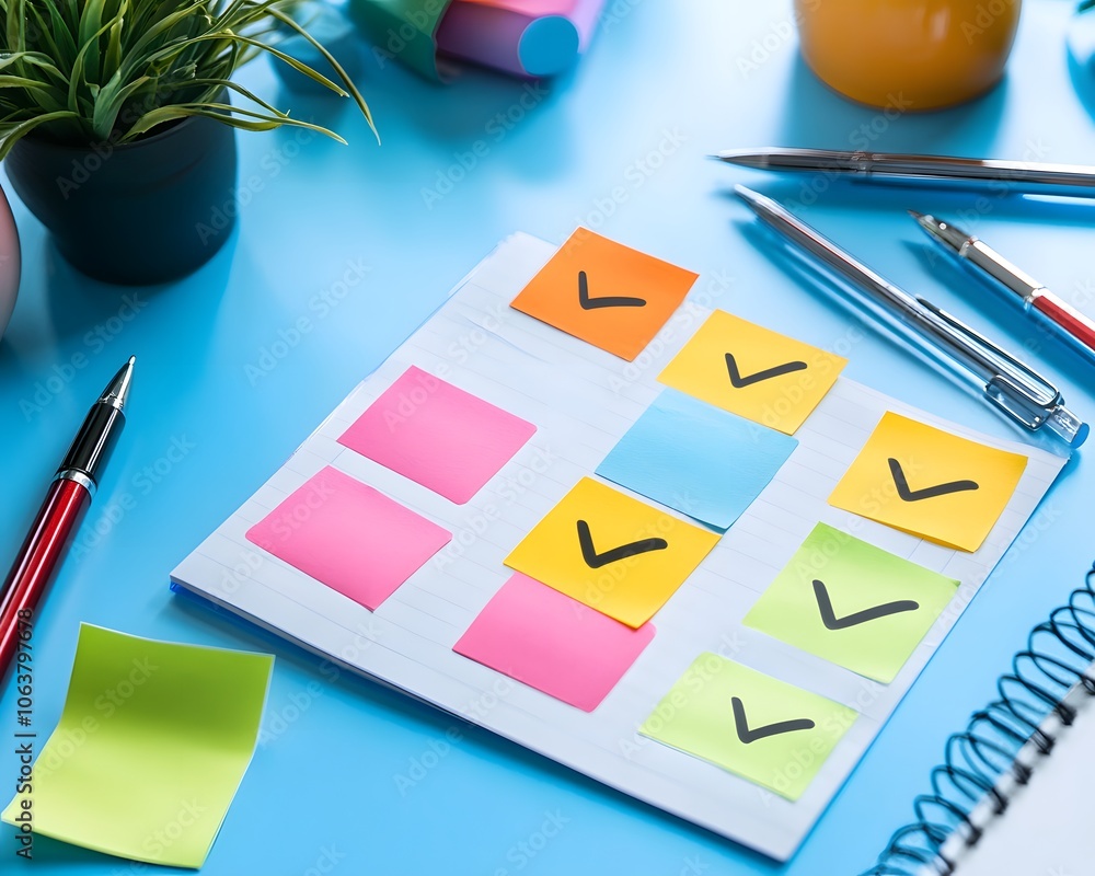 Poster bright workspace with colorful sticky notes and office supplies for organizing tasks and boosting pr