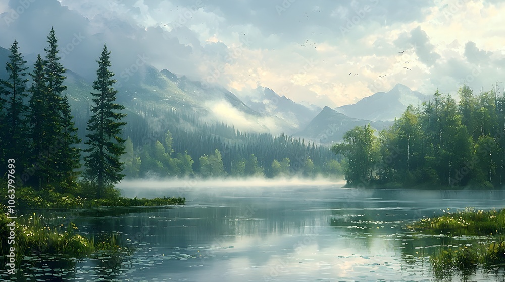 Poster tranquil landscape with soft fog rolling over a serene lake creating a dreamy effect with water drop