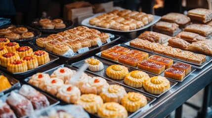 Assortment of Chinese desserts, including mooncakes and sweet buns, elegantly displayed on a table
