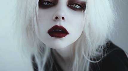 Fototapeta premium A DIY vampire makeup tutorial, highlighting pale skin, blood-red lips, and dark under-eye circles.