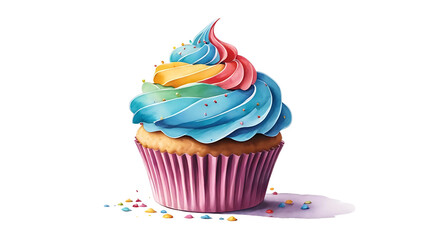 Single cupcake topped with vibrant, colorful frosting on a clean white background—deliciously detailed and visually inviting, perfect for any sweet celebration