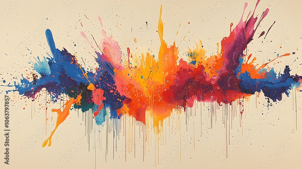 Poster vibrant abstract composition featuring a lively explosion of colorful paint splatters drips and dyna