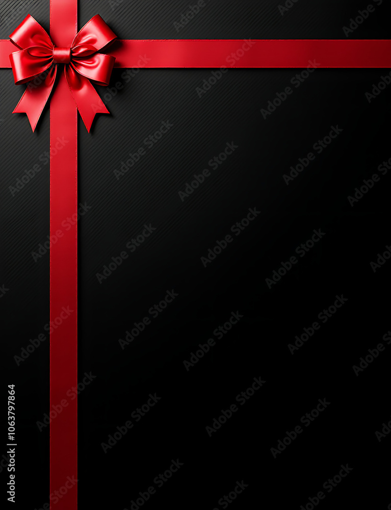 Poster merry christmas gift card design features a red ribbon bow on a black shiny textured background with