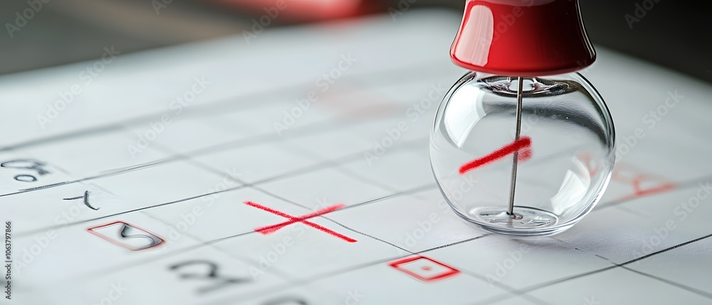 Poster Close-up of a clear glass marker on a checklist with red marks, emphasizing organization and task completion.