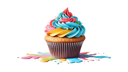 Single cupcake topped with vibrant, colorful frosting on a clean white background—deliciously detailed and visually inviting, perfect for any sweet celebration