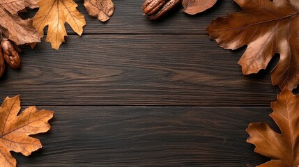A warm autumn-themed background with leaves, pinecones, and pumpkins, perfect for seasonal designs, Thanksgiving invitations, and fall-themed decor.