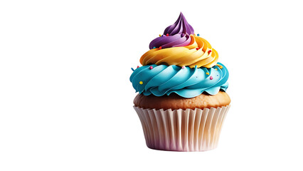 Single cupcake topped with vibrant, colorful frosting on a clean white background—deliciously detailed and visually inviting, perfect for any sweet celebration