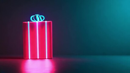 Glowing neon gift box with a blue ribbon in a dark, minimalistic setting, creating a modern and festive holiday atmosphere with vibrant colors - Powered by Adobe