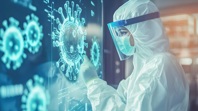 Female virologist working inside laboratory at virtual 3d virus hologram - Augmented technology and scientis concept - Model by AI generative