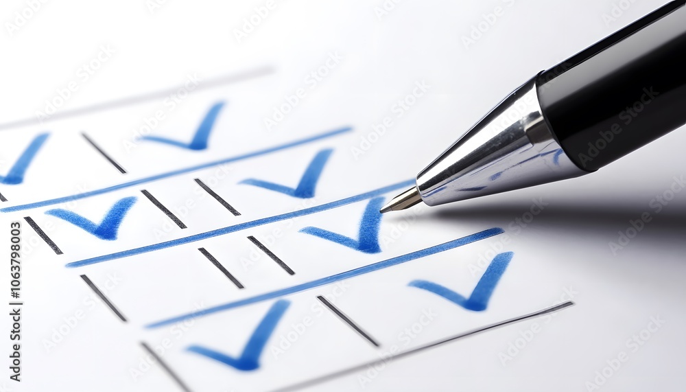 Poster close-up of a pen marking checkboxes on a paper. effective for themes of organization, productivity,