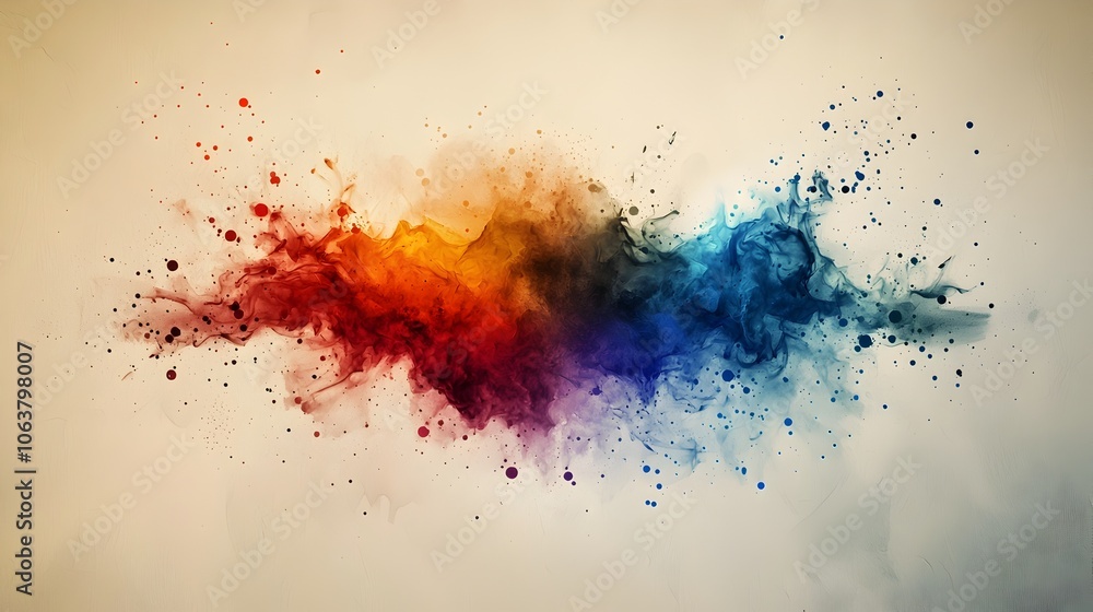 Poster vibrant abstract multicolor texture with splatters and drops set against a subtle paper textured bac