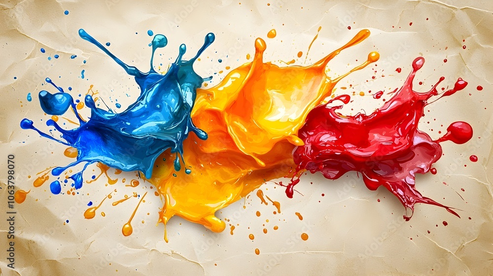 Poster vibrant abstract composition with colorful paint splatter and drips across a paper like background c