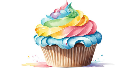 Single cupcake topped with vibrant, colorful frosting on a clean white background—deliciously detailed and visually inviting, perfect for any sweet celebration